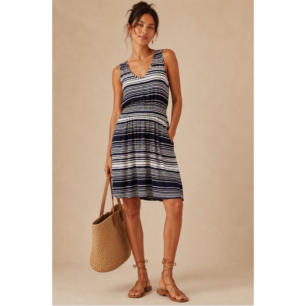 Gap V-Neck Nautical Flare Dress Large Navy White Striped Pockets Coastal Coverup